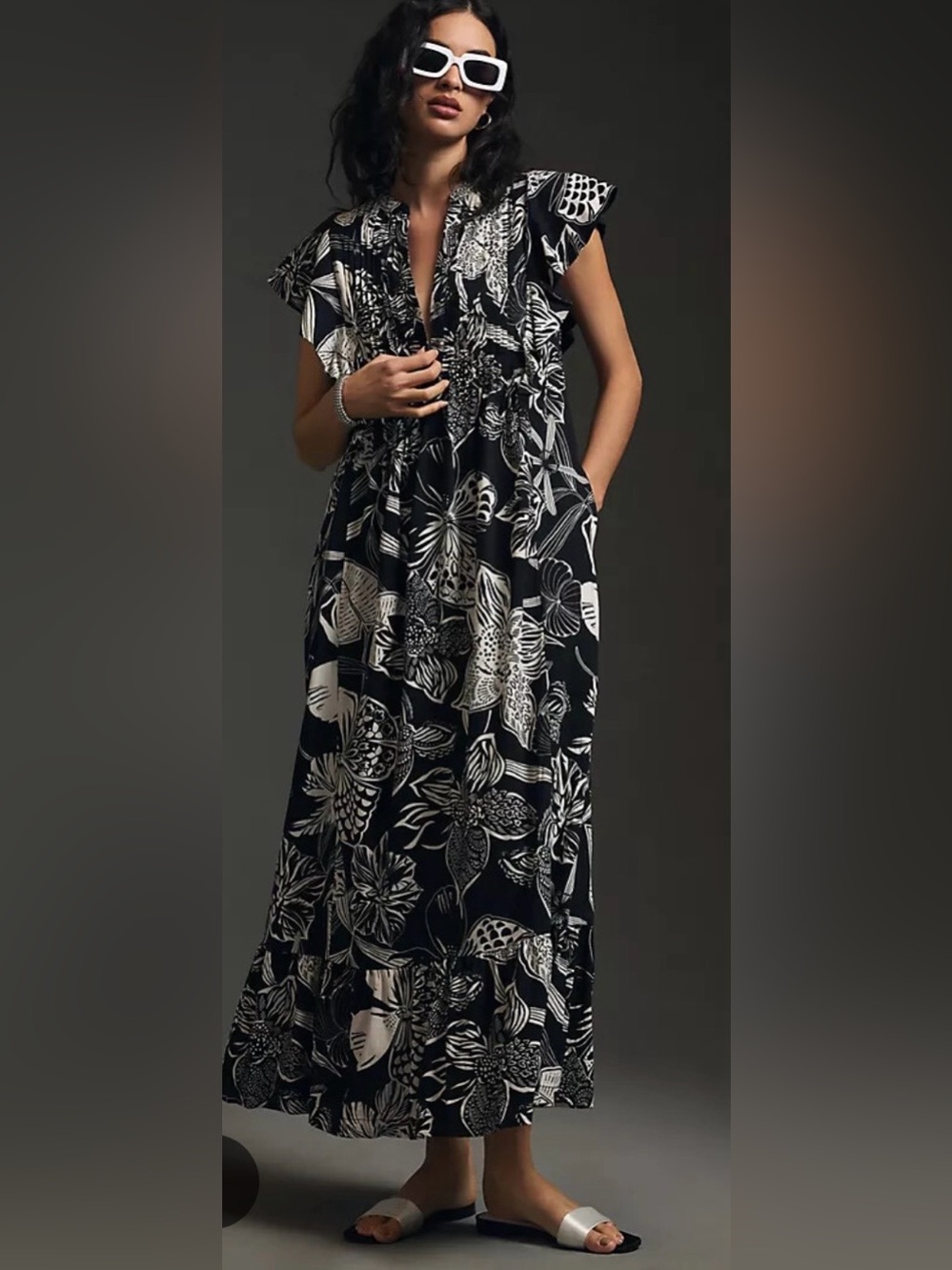 Anthropologie Maeve Cassandra Floral Maxi Dress Black Cream MP Petite